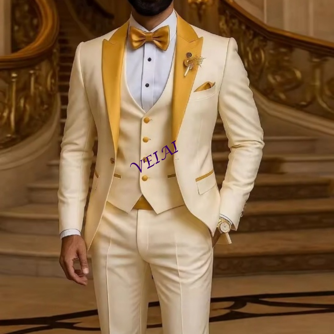 Men Grooming Outfit - CustomizedGold Collar Ivory Men Suit Wedding