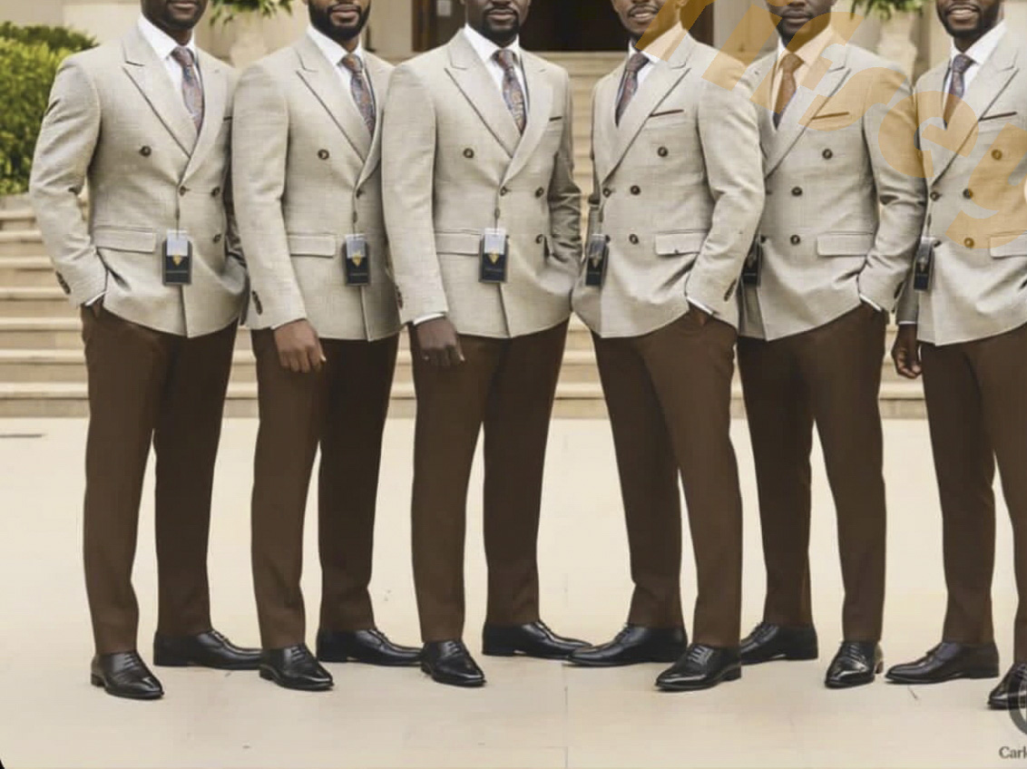 Men Grooming Outfit - Grey Jacket Brown Pants Bespoke Double-Breasted